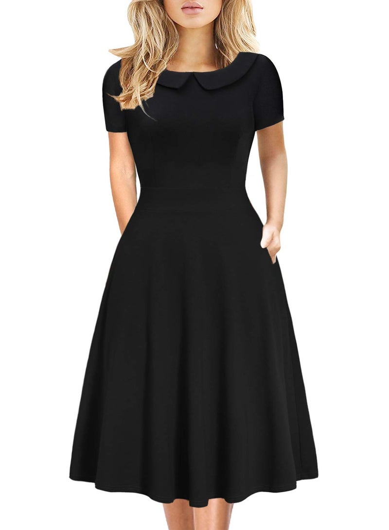 HELYO 1950s 40s Dresses for Women Elegant Vintage Casual Peter Pan Collar Work Funeral Party A-Line Dress with Pockets 978 (Solid Black, M) - Image 1
